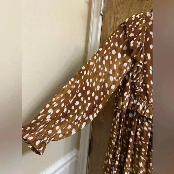 Zara Woman Ruffled Long Sleeve Brown White Polka Dot Animal Print Dress Size XS - Picture 5 of 13